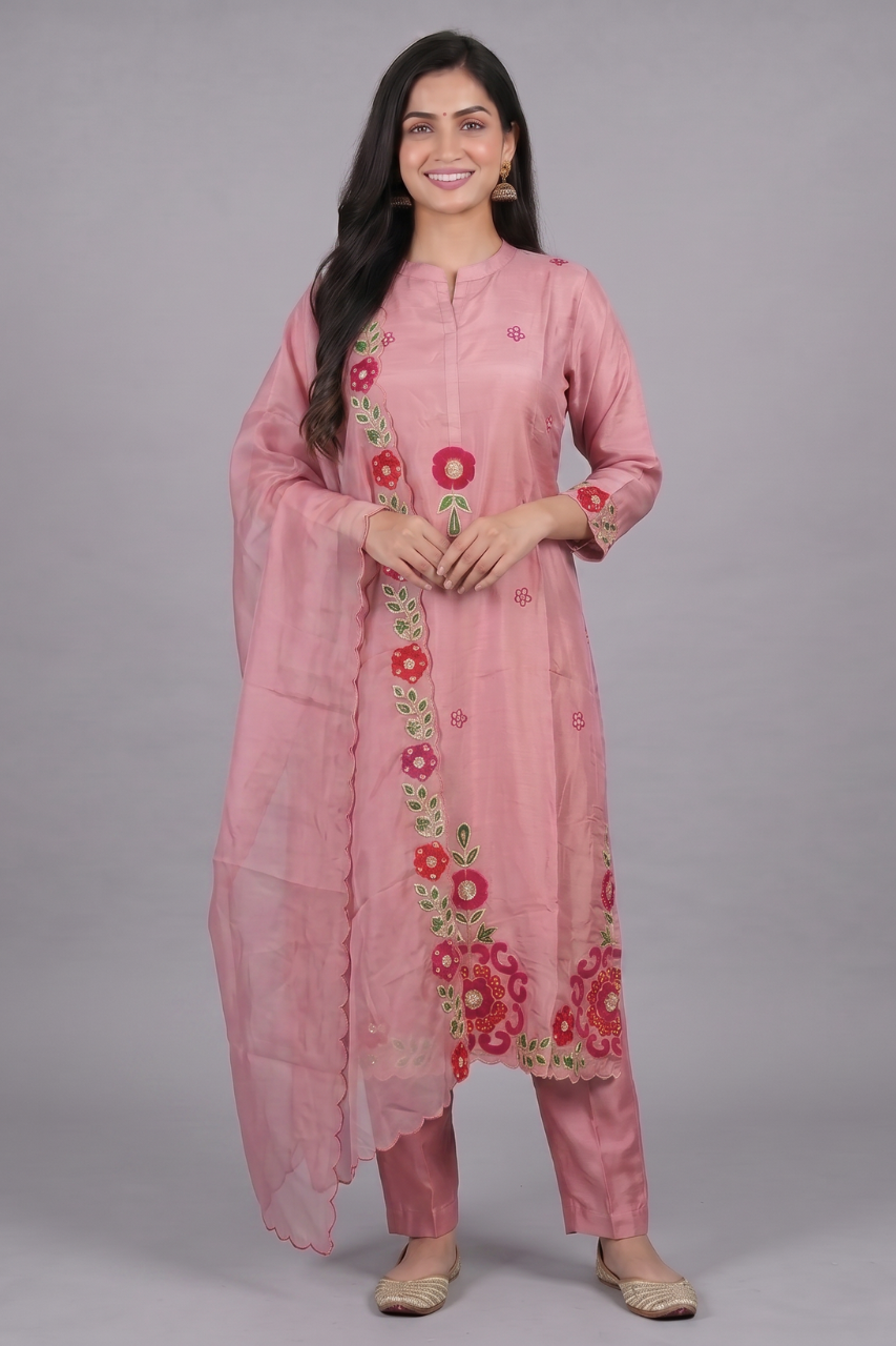 Peach Dola Silk Floral Appliqué Suit Set