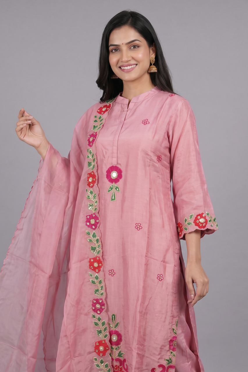 Peach Dola Silk Floral Appliqué Suit Set