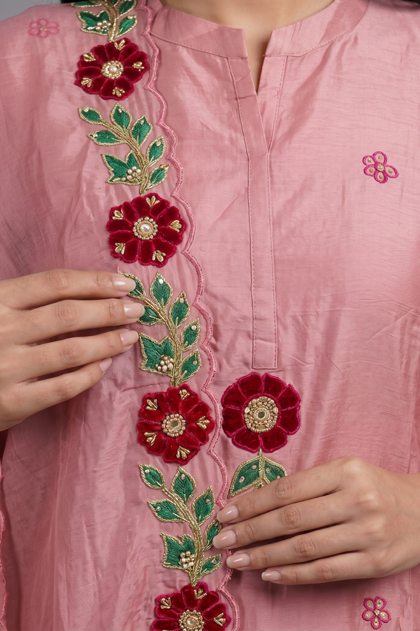 Peach Dola Silk Floral Appliqué Suit Set