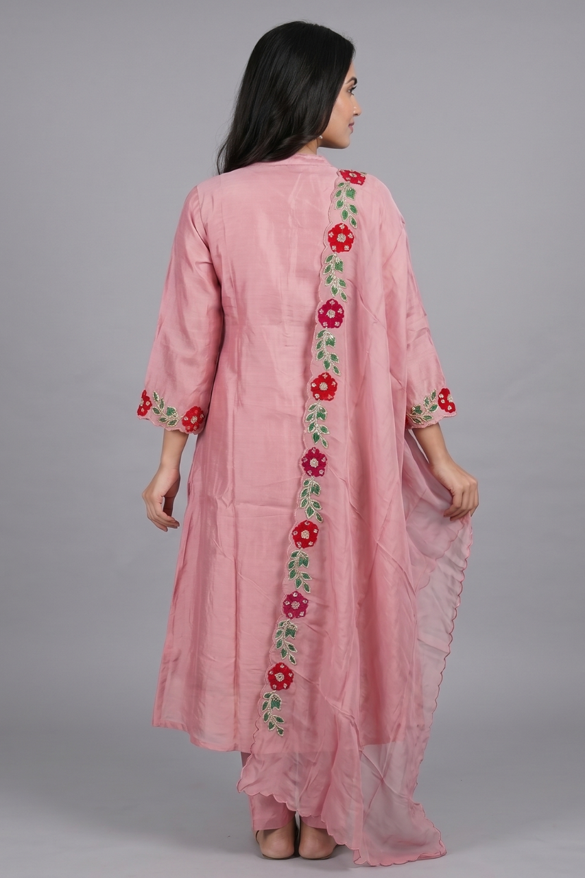 Peach Dola Silk Floral Appliqué Suit Set