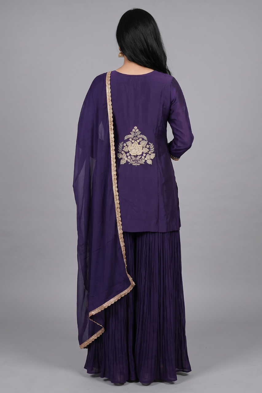 Purple Dola Silk Kurta Set with Chiffon Bottom & Dupatta