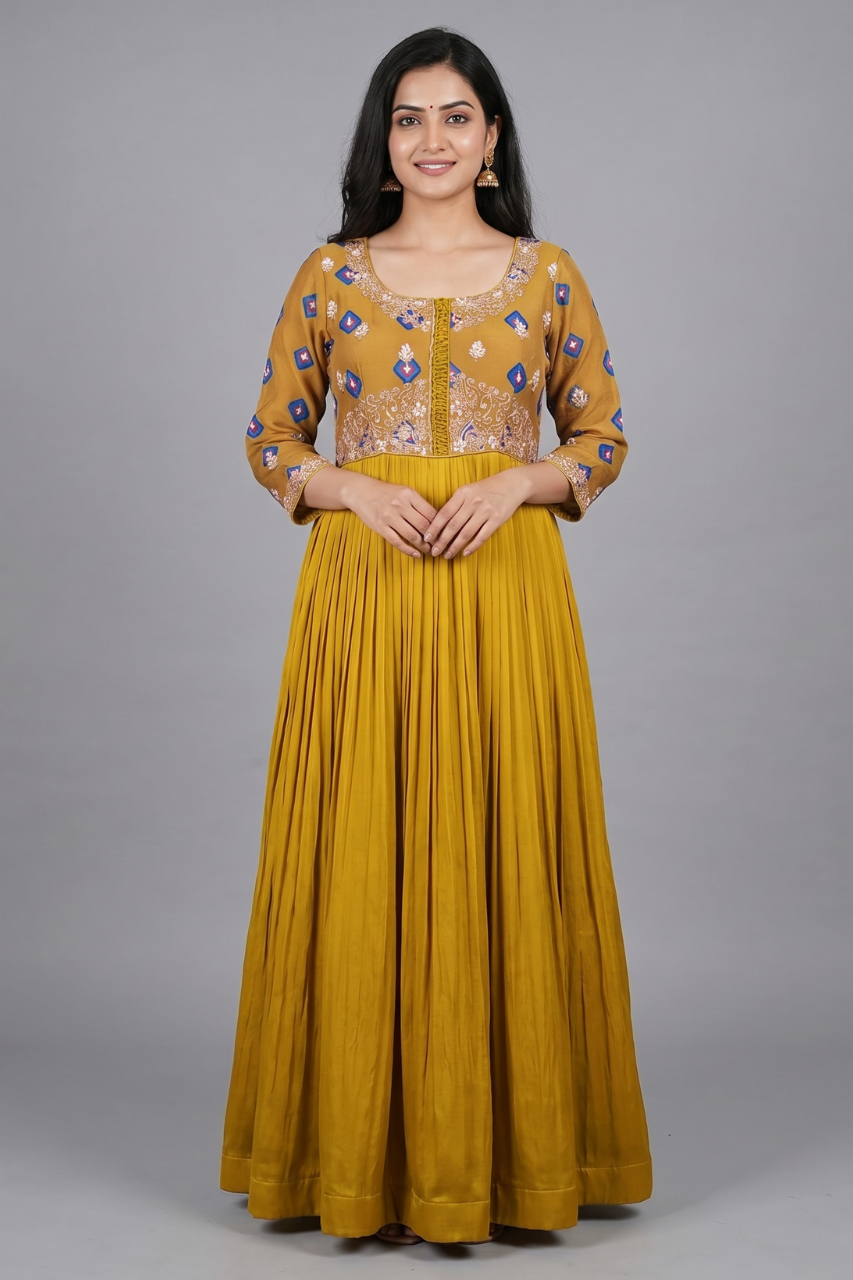 Mustard Modal Silk Gown with Handwork