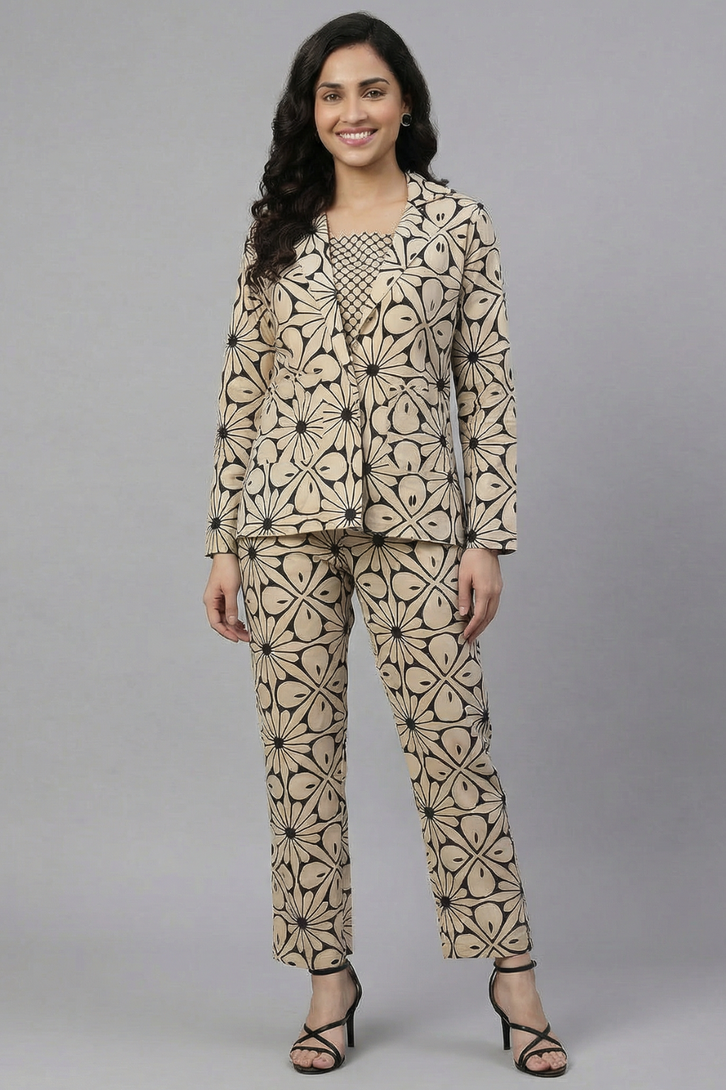 Floral Hand Block Print 3-Piece Cotton Co-ord Set