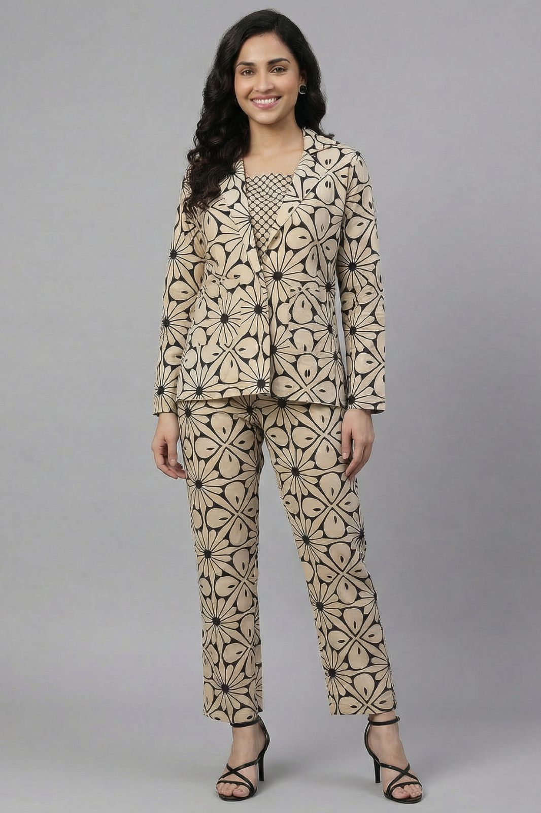 Floral Hand Block Print 3-Piece Cotton Co-ord Set