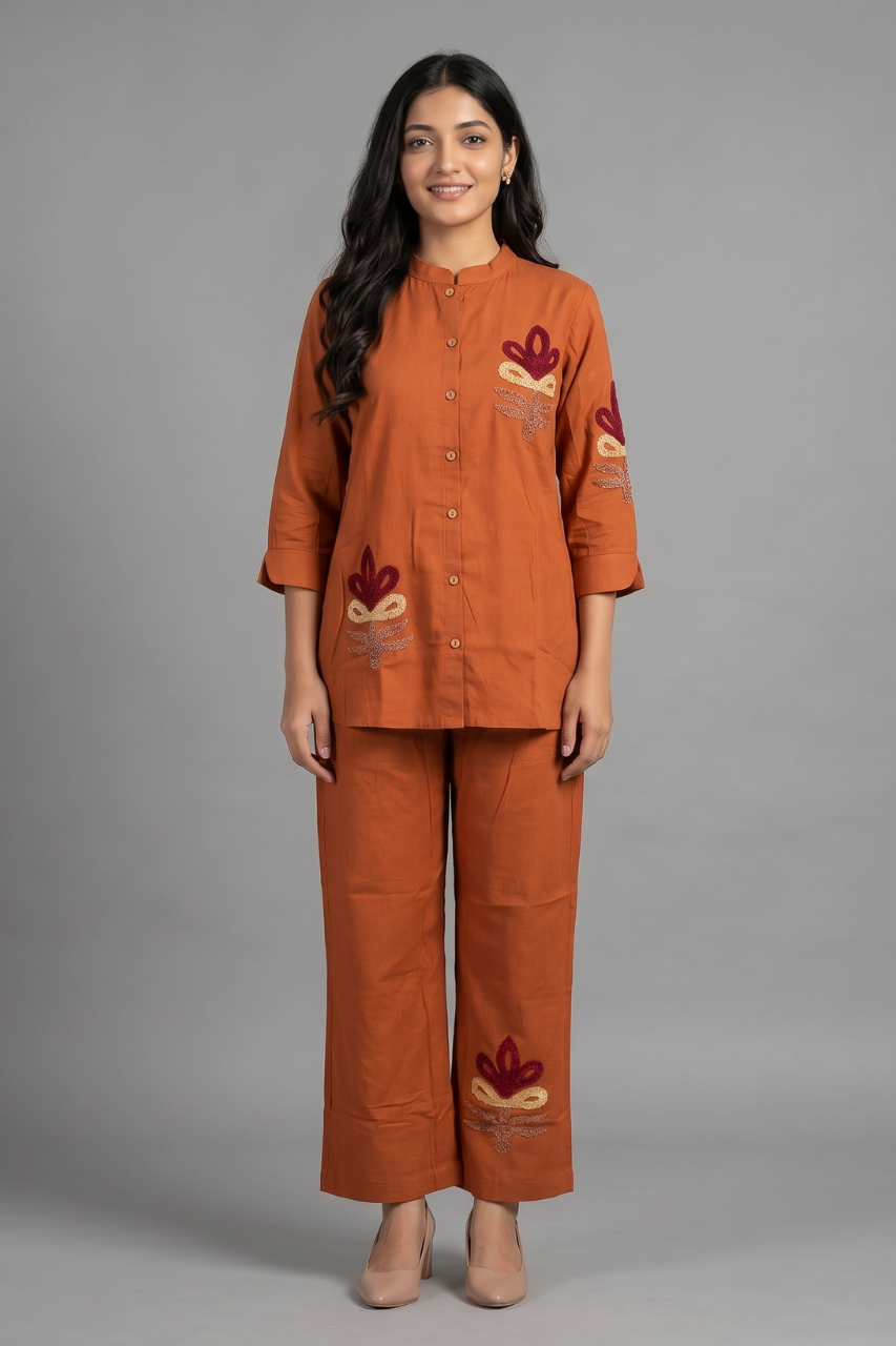 Rust Orange Cotton Thread-Work Co-ord Set
