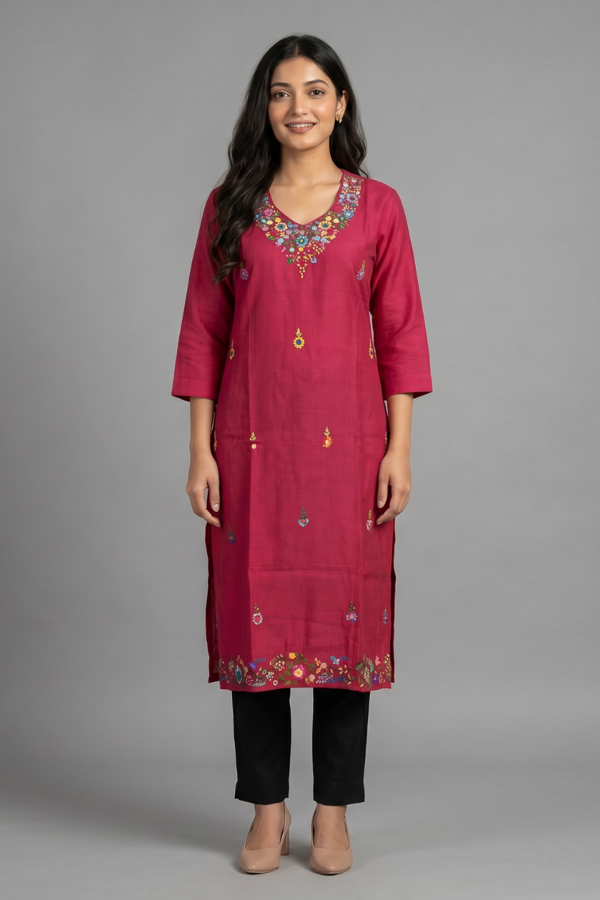 Rani Pink Cotton Flex Embroidered Kurti