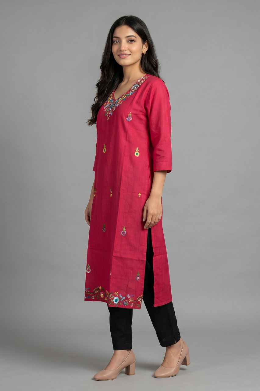 Rani Pink Cotton Flex Embroidered Kurti