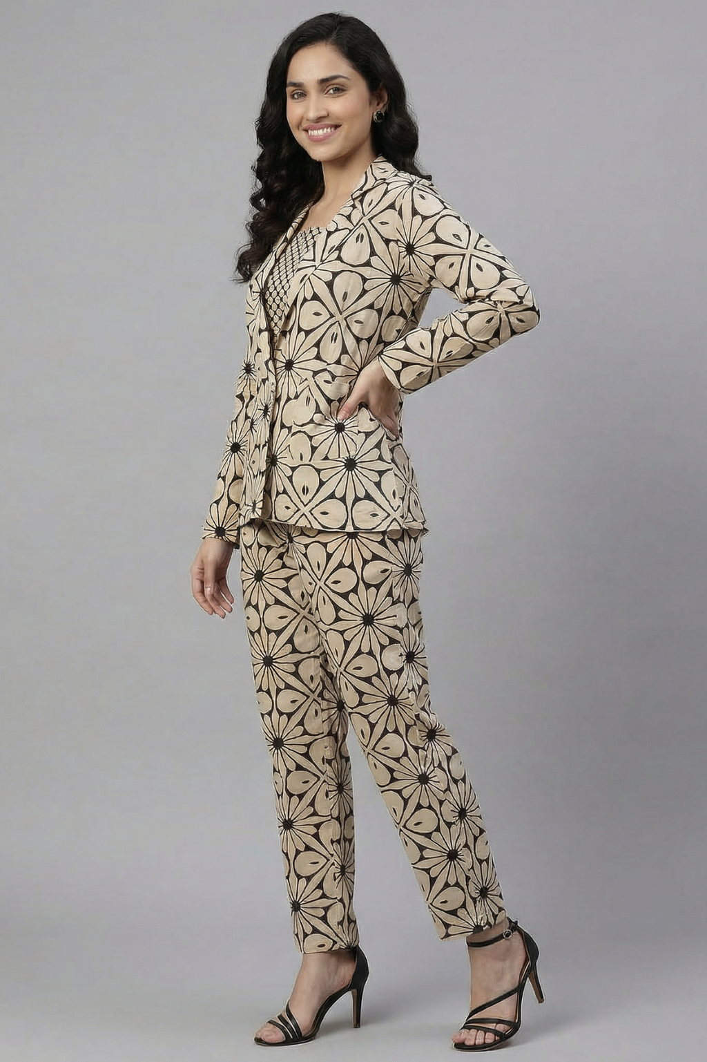 Floral Hand Block Print 3-Piece Cotton Co-ord Set