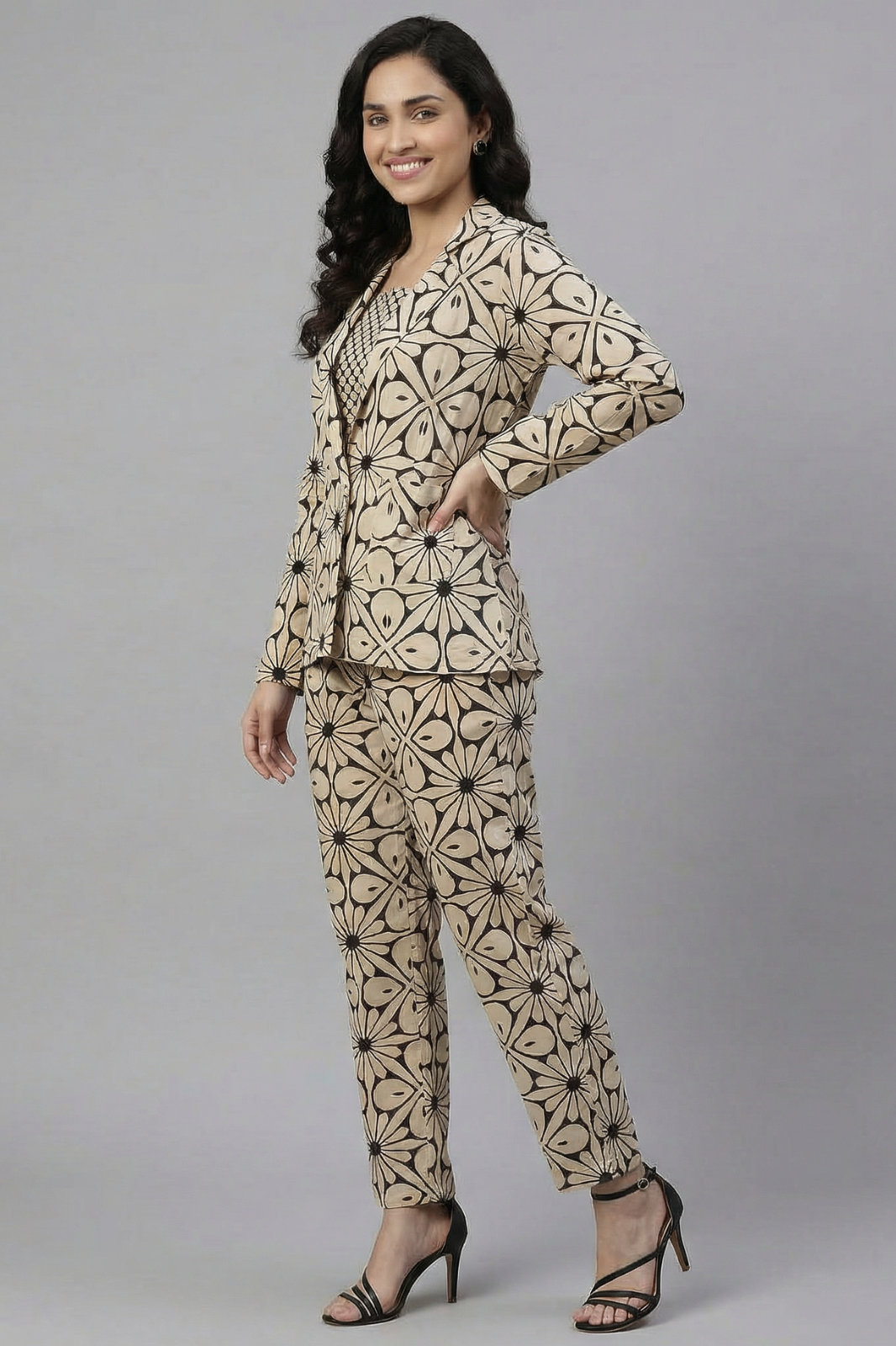 Floral Hand Block Print 3-Piece Cotton Co-ord Set