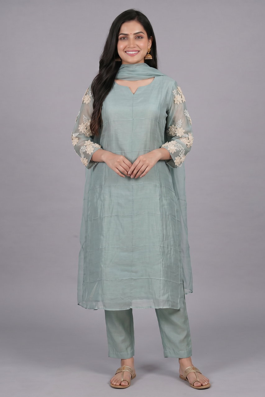 Seafoam Green Mul Chanderi Embroidered Suit Set