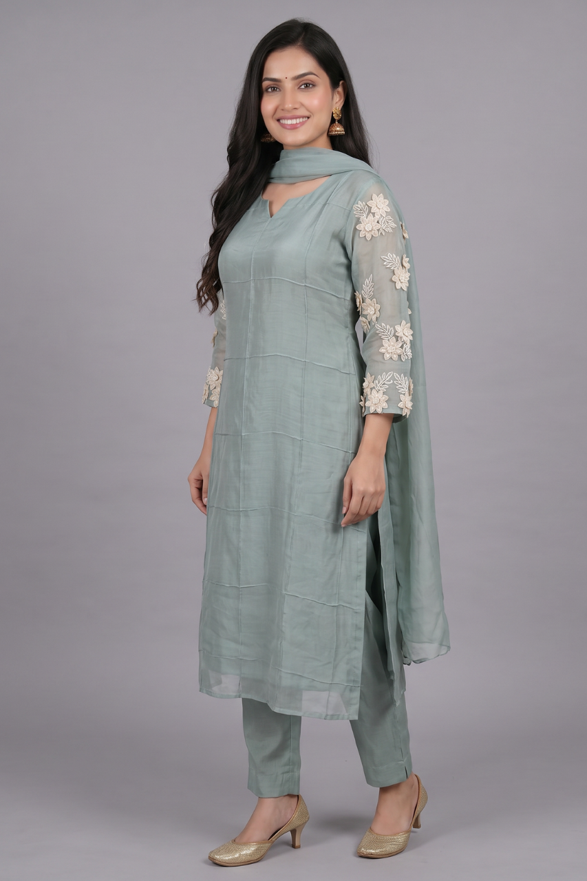 Seafoam Green Mul Chanderi Embroidered Suit Set