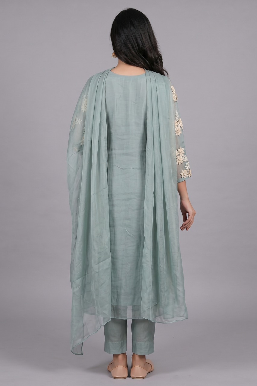 Seafoam Green Mul Chanderi Embroidered Suit Set