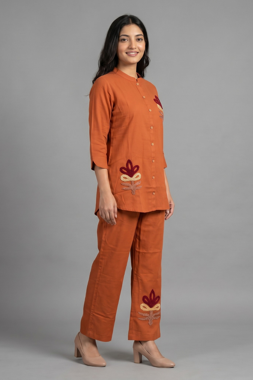 Rust Orange Cotton Thread-Work Co-ord Set